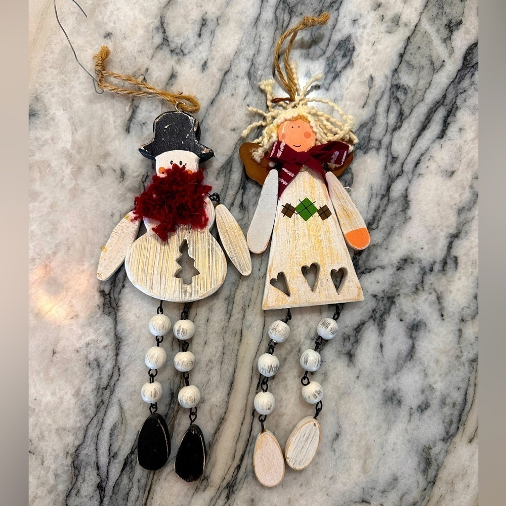 Folk art style Christmas ornament set Angel & snowman, Wood dangle feet & arms